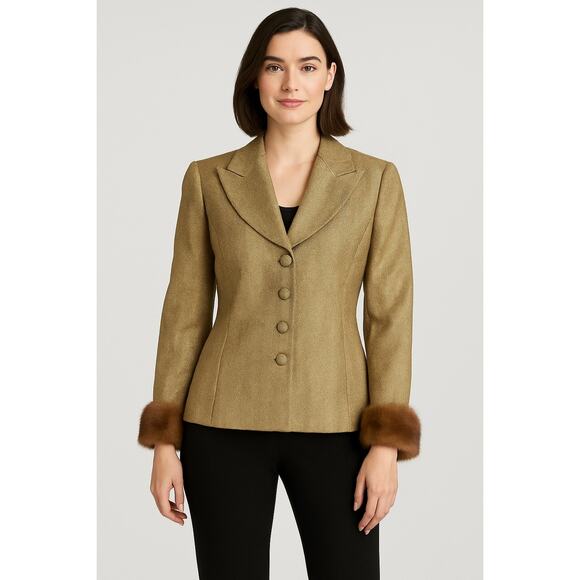 Kay Unger Gold Blazer Size 6 Mink Cuff Trim | Vintage Wool Herringbone Jacket - Picture 1 of 5